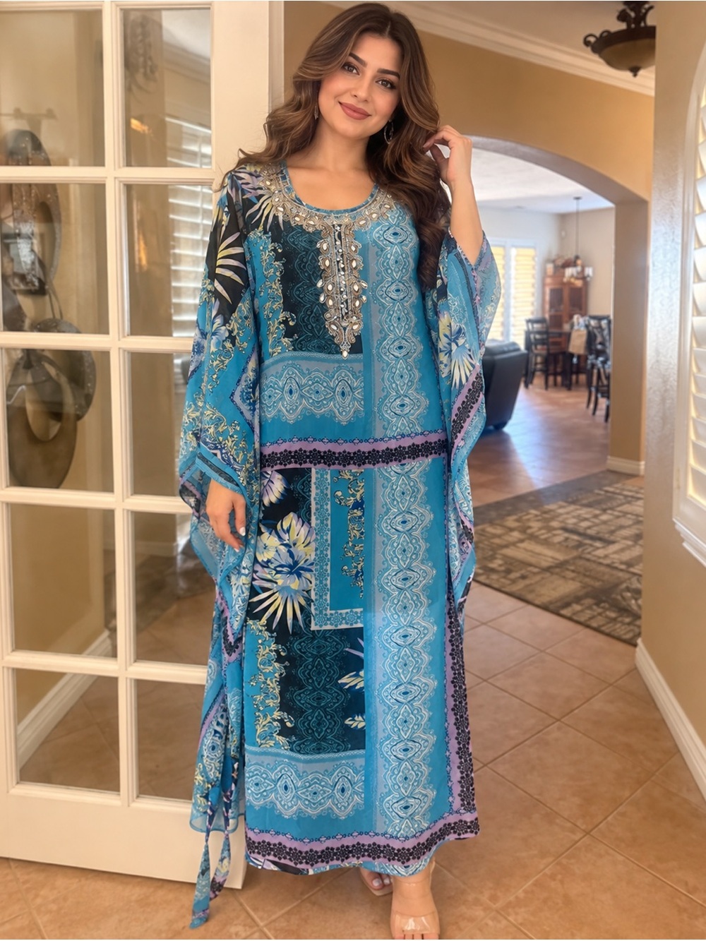 New York & Company Blue Patchwork Embellished Maxi Dress with belt